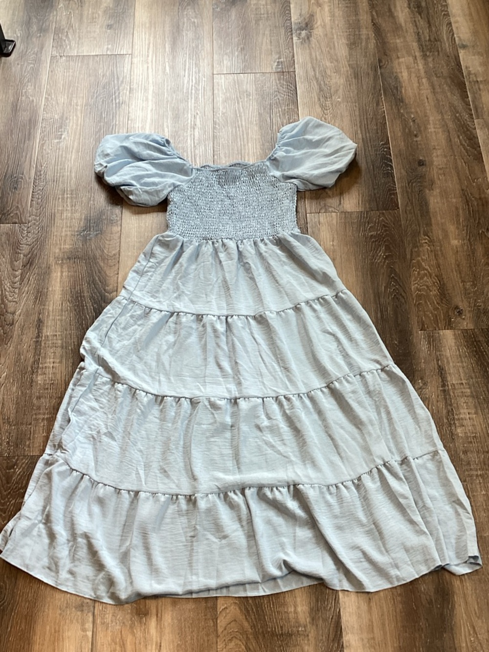 New…Light Blue Puff Sleeve Tiered Maxi Dress